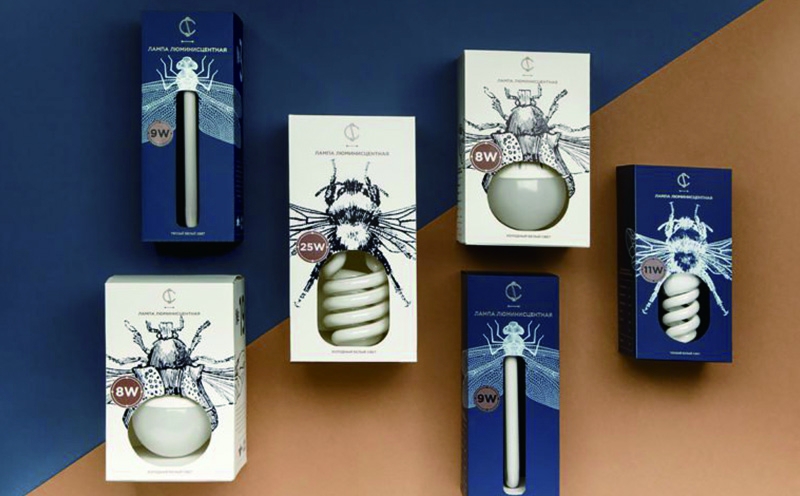 燈具插畫包裝設計,包裝色彩上采用白色和藍色的搭配，增加品牌的品質感